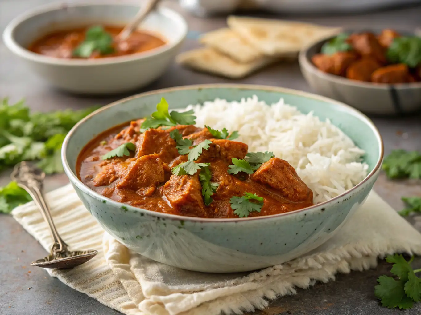 A vibrant and colorful image showcasing a steaming plate of Chicken Tikka Masala, highlighting the rich, creamy sauce and tender chicken pieces, set against a backdrop of traditional Indian spices.