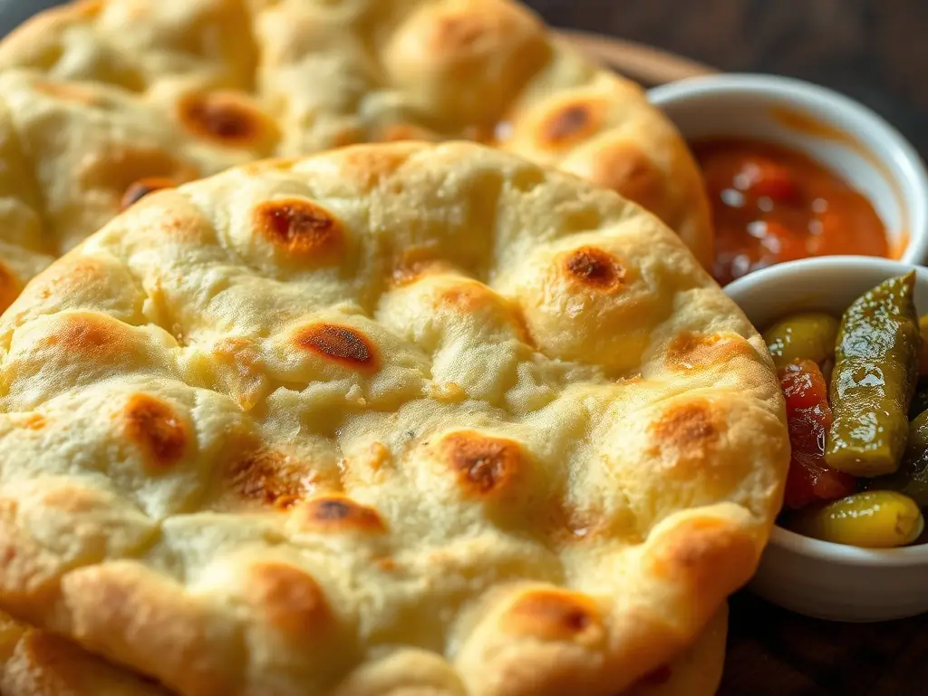 A close-up shot of freshly baked Naan bread, golden brown and slightly puffed, served with a side of flavorful Dal Makhani in a traditional copper bowl.