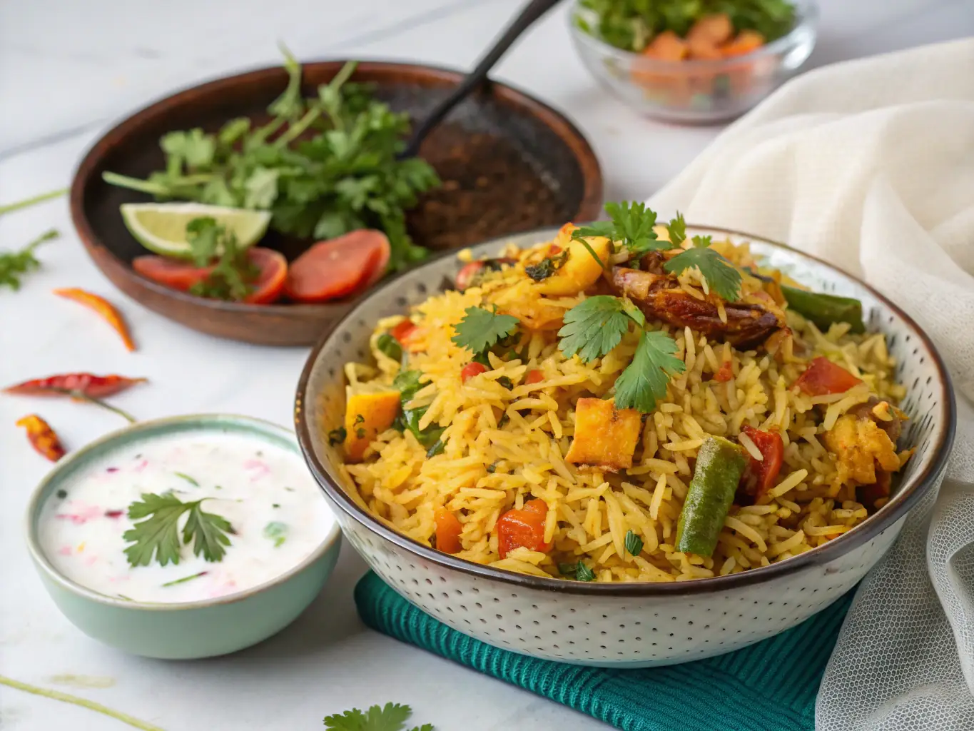 An enticing image of a colorful Vegetable Biryani, showcasing the aromatic rice, mixed vegetables, and garnished with fresh cilantro and crispy fried onions.